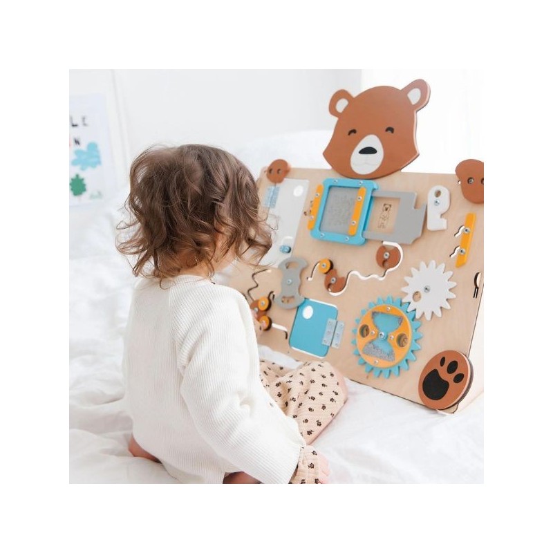 Tablero de actividades pequeño osito de madera - juguete infantil y puzle de pared Busykids