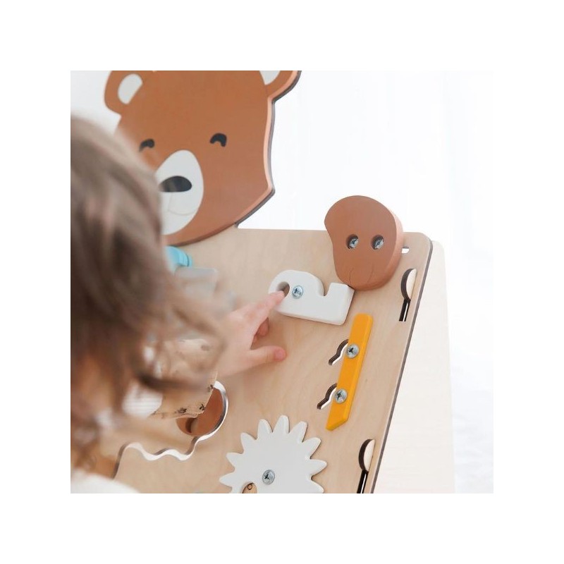 Tablero de actividades pequeño osito de madera - juguete infantil y puzle de pared Busykids