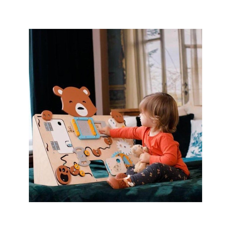 Tablero de actividades pequeño osito de madera - juguete infantil y puzle de pared Busykids