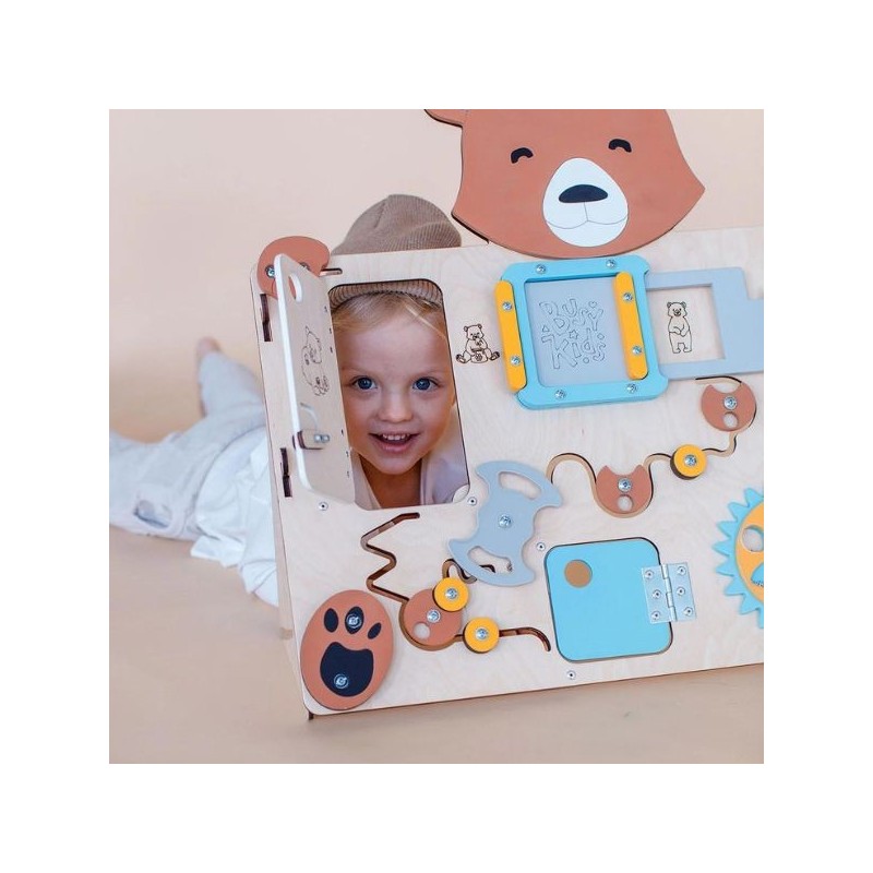 Tablero de actividades pequeño osito de madera - juguete infantil y puzle de pared Busykids
