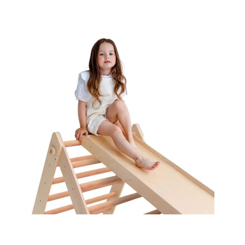 Triángulo Pikler con barras redondas y tobogán/escalera de madera Busykids