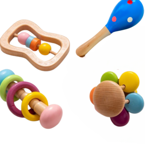 Kit 3 Sonajeros de Madera de Color + 1 Maraca Labores Bella