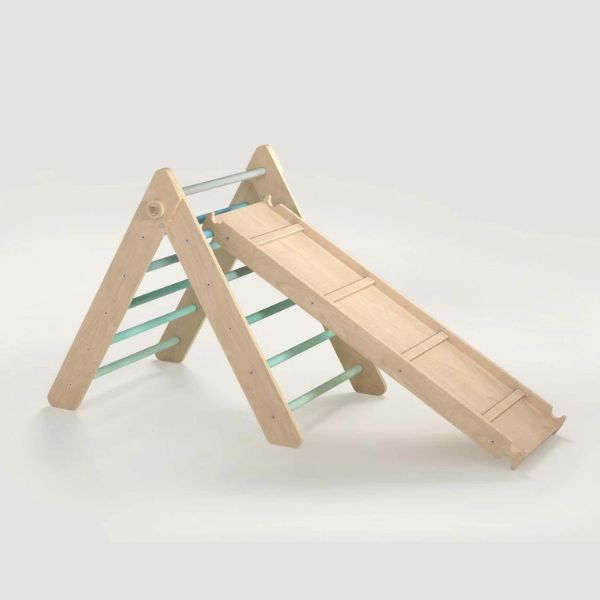 Triángulo Pikler con barras redondas y tobogán/escalera de madera