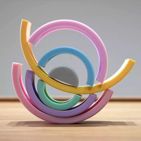 Una pila de anillos coloridos sentada en la parte superior de una mesa de madera, una escultura abstracta de Elizabeth Murray, cgsociety, arte cinético, renderizado en cinema4d, trazado de vray, renderizado en maya.
