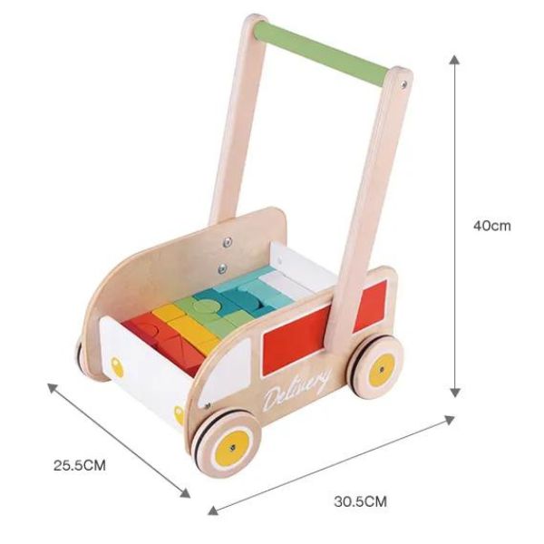 Un carro de juguete de madera con un manejo y bloques coloridos, un render 3D por Bauhaus, ganador del concurso de Pinterest, Bauhaus, hecho de cartón, Vray, angular.