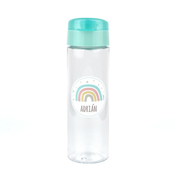 Una botella de agua con una tapa azul y una etiqueta de arcoíris, una holografía de An Gyeon, ganador del concurso de Pinterest, holografía, holográfico, iridiscente, adafruit.