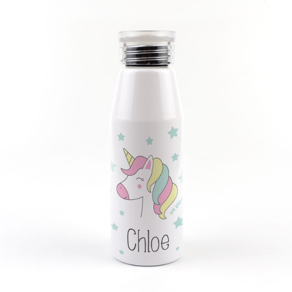 Una botella de agua blanca con un unicornio en ella, una foto de stock por Cicely Hey, ganador del concurso de Pinterest, holografía, Adafruit, caprichoso, iridiscente.