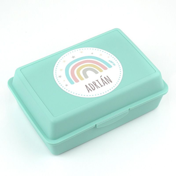 Una caja de almuerzo verde menta con una calcomanía de arcoíris, un holograma de Eden Box, ganador del concurso de Pinterest, holografía, Adafruit, holográfico, iridiscente.
