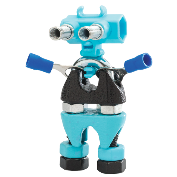 Una figura de robot azul sosteniendo un par de tijeras, un retrato de personaje por Rube Goldberg, ganador de concurso de Behance, Pop Surrealismo, Adafruit, hecha de goma, filtro Sabattier.