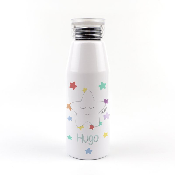 Una botella de agua blanca con un diseño de estrella en ella, un holograma de Hisui Sugiura, destacado en dribble, holografía, holográfica, behance hd, ganador del concurso.