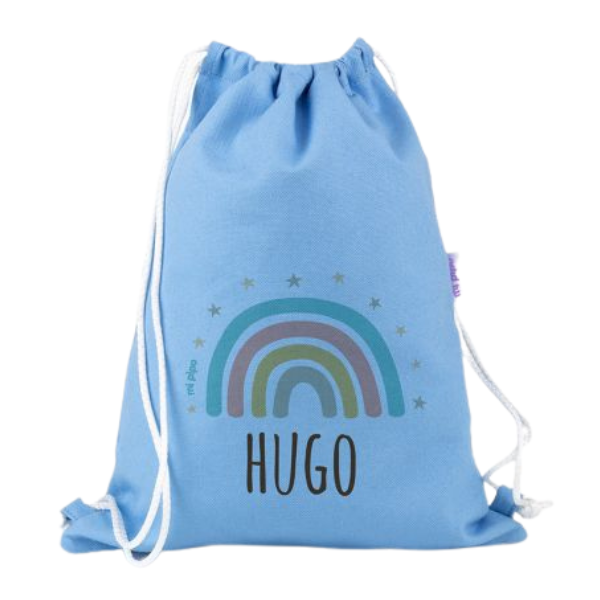 Una bolsa de dibujos azul con un arcoíris en ella, un holograma de Hugo van der Goes, ganador del concurso de Pinterest, holografía, holográfico, #myportfolio, ganador del concurso.