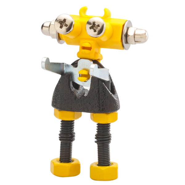 Una figura de juguete amarilla y negra sosteniendo un par de tijeras, una renderización 3D de Rube Goldberg, ganador del concurso de Reddit Les Automatistes, hecha de goma, Adafruit, filtro Sabattier.
