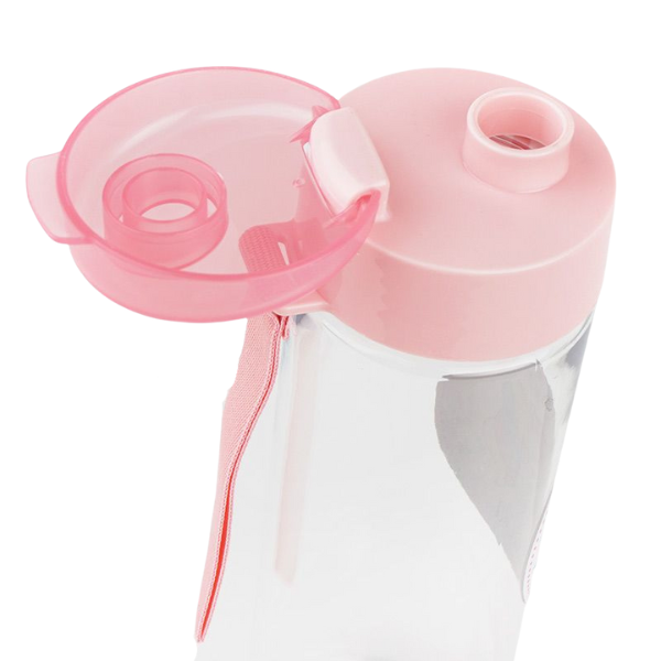 Una botella de agua con una tapa y un asa de color rosa, una foto de stock de Yuki Ogura, dribble, plástico, detalle ultrafino, filtro Sabattier, hecha de plástico.
