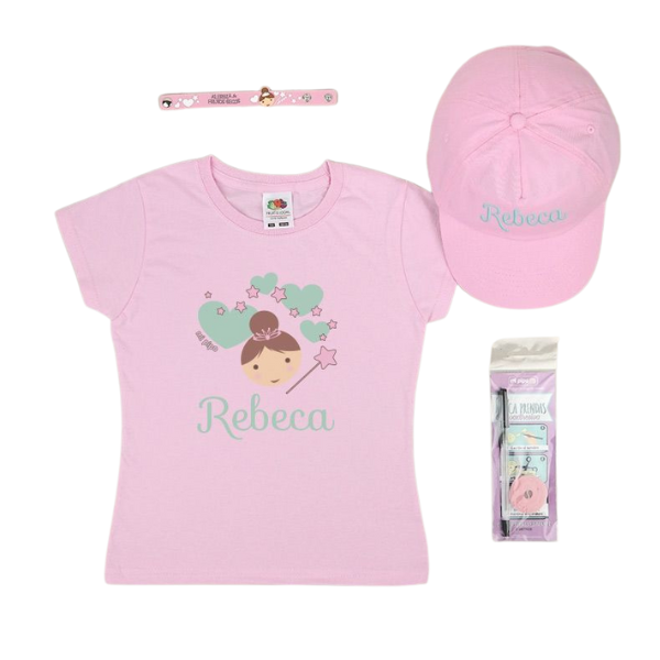 Una gorra rosa, una camiseta y un adhesivo para una niña, una ilustración de un libro de cuentos por Coppo di Marcovaldo, ganadora de un concurso de Pinterest, rococó, ganadora de concurso, rococó, extremadamente genérico.