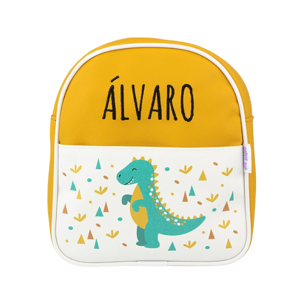 Una mochila amarilla y blanca con un dinosaurio en ella, una pintura de la cueva por Verónica Ruiz de Velasco, presentada en dribble, escuela de Quito, #myportfolio, pixel perfect, ganador del concurso.