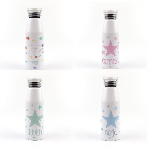Un conjunto de cuatro botellas de agua con estrellas sobre ellas, una pintura con aerógrafo de An Gyeon, presentada en dribble, plasticien, behance hd, patrón repetitivo, personaje.