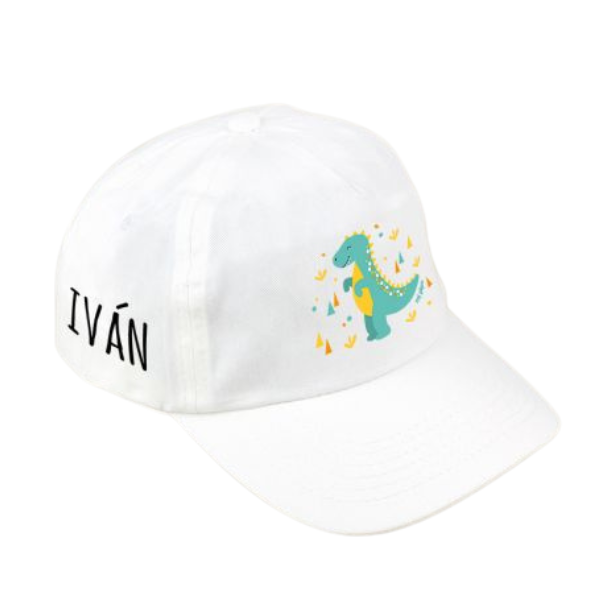 Un sombrero blanco con un dinosaurio bordado en él, una serigrafía del Maestro de la Follaje Bordado, ganador del concurso de Reddit, Dada, limpio, elegante, vaporwave.
