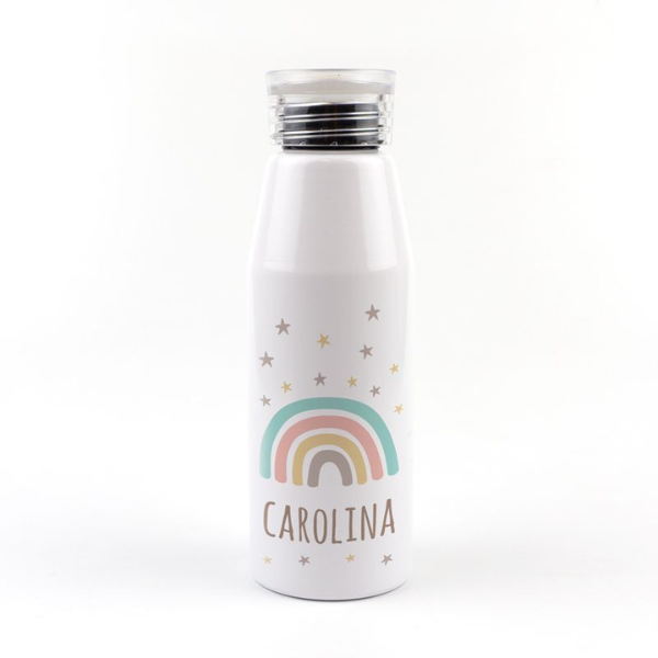 Una botella de agua blanca con un arcoiris en ella, un holograma de Caroline Mytinger, ganadora del concurso de Pinterest, regionalismo, iridiscente, holográfico, ganador del concurso.