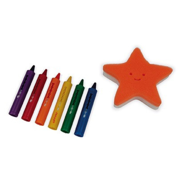 Una galleta con estrella con lápices al lado, un dibujo de un niño por Corneille, Shutterstock, plástico, colores vívidos, colores complementarios, colores vibrantes.