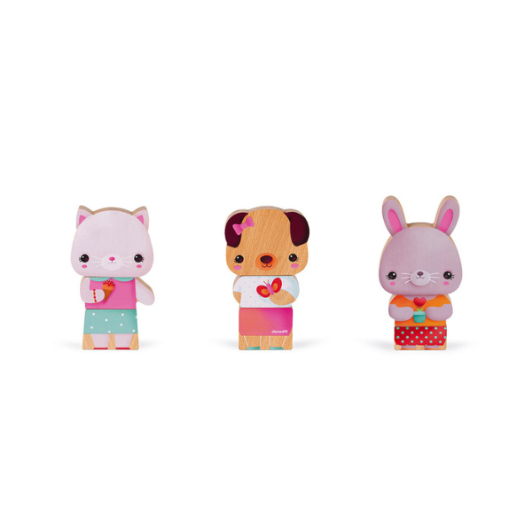 Un grupo de tres animales de juguete de madera parado al lado uno del otro, un rompecabezas de Puru, ganador del concurso de Pinterest, Toyism, Adafruit, Pixel Perfect, Lowbrow.