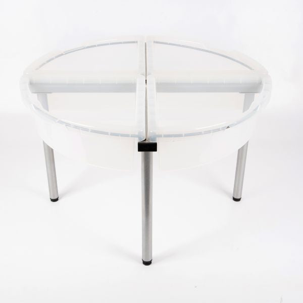 Una mesa de cristal con patas de metal sobre un fondo blanco, una escultura abstracta de Coppo di Marcovaldo, behance, constructivismo modular, constructivismo, ortogonal, behance hd.
