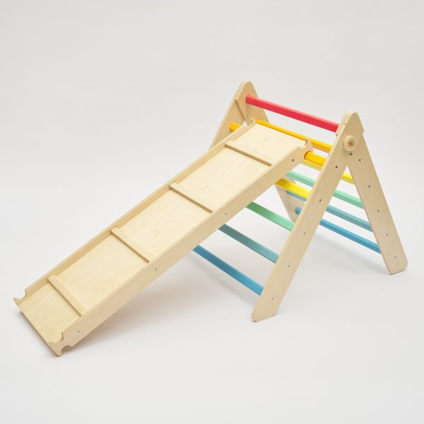Una diapositiva de juguete de madera con barras de colores en ella, una escultura abstracta de Karl Gerstner, presentada en dribble, de stijl, ortogonal, behance hd, composición dinámica.
