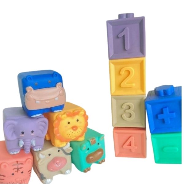 Un grupo de bloques de juguete con animales en ellos, una escultura abstracta por Toyen, Polycount, Plasticien, hecha de plástico, hecha de goma, stockphoto.