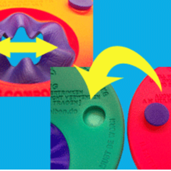 Una colación de objetos de distintos colores con una flecha apuntando al centro, una serigrafía de Elizabeth Murray, polycount, plasticien, polycount, filtro anaglifo hecho de goma.