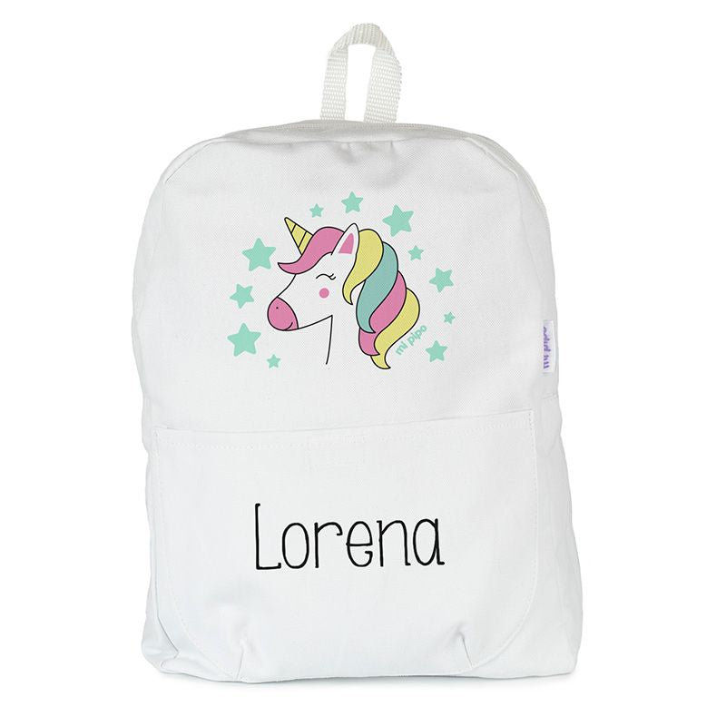Una mochila blanca con un unicornio en ella, un bordado de punto de cruz por Lisa Frank, ganador del concurso de Pinterest, realismo mágico, pixel perfecto, iridiscente, caprichoso.